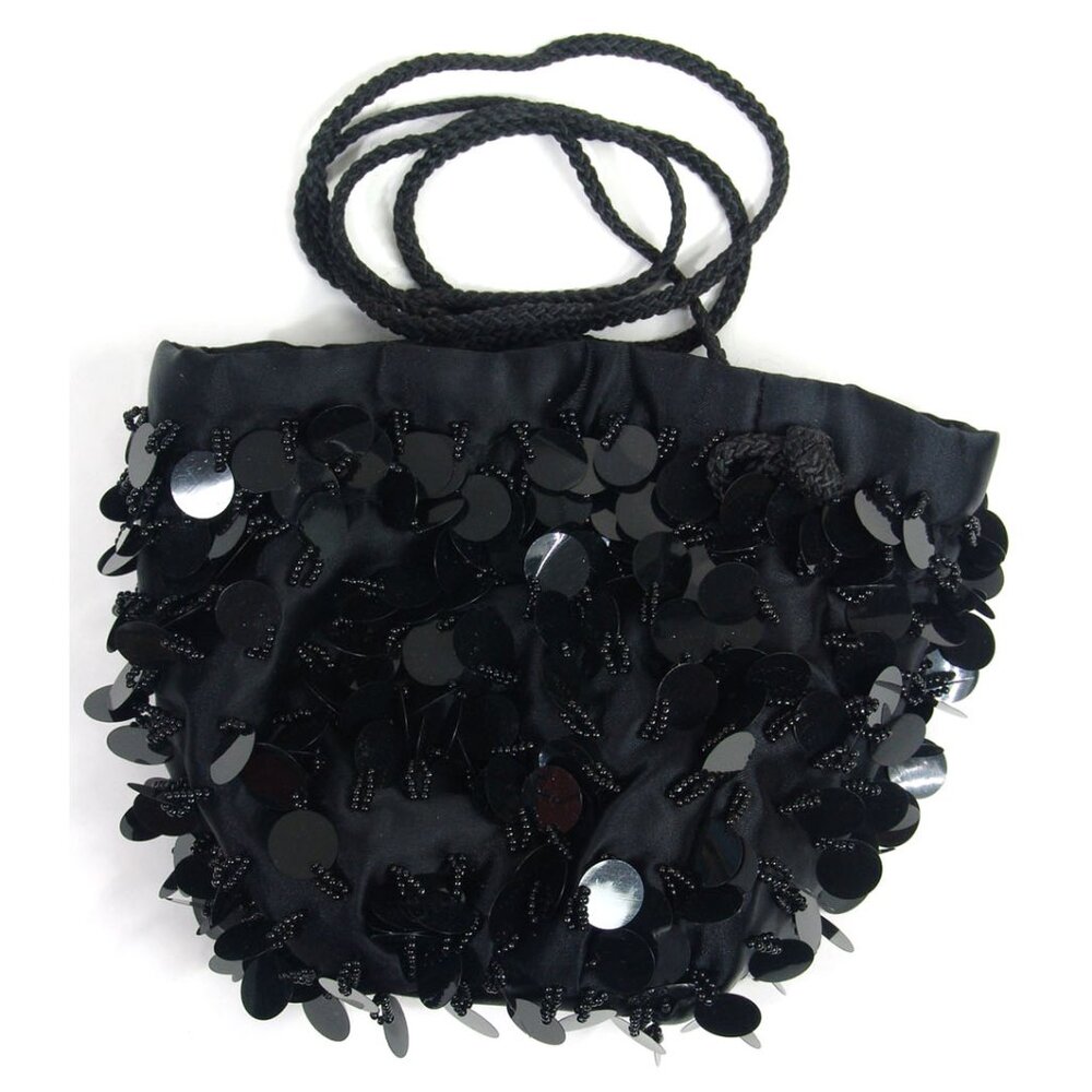 Vintage Steve Madden Sequin + Beaded 1990s Purse Evening Bag Black Satin Poof